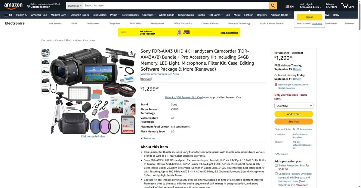 BH 52 Innovations Sony FDR-AX43 Handycam bundle listing