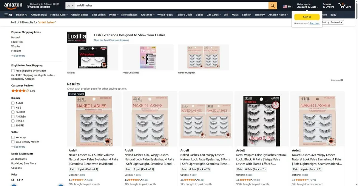 Amazon search results for ardell lashes, Sep 9, 2026